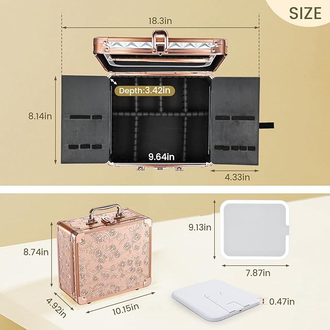 Makeup Case with Magnetic Lighted Mirror Cosmetic Train Box Detachable LED Mirror Adjustable Brightness in 3 Colors Waterproof Storage Organizer Artist Suitcase with Dividers Brush Holder, Rose Gold