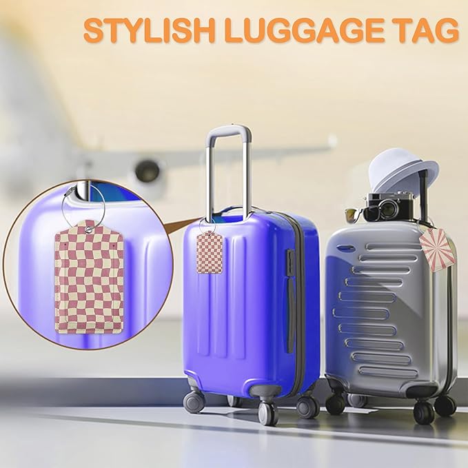 Abstract Colorful Twisted Checkered PU Leather Luggage Tags for Suitcase, Travel Cruise 3 Pack with Privacy Flap, Name ID Label and Metal Loop for Women Men Girls Baggage Bag Backpack