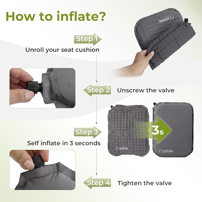 ATEPA Inflatable Stadium Seat Cushion, Self-Inflating Memory Foam Stadium Seats Bleacher Seat Chair Cushion Pad for Airplane Travel Backpacking Sports Events