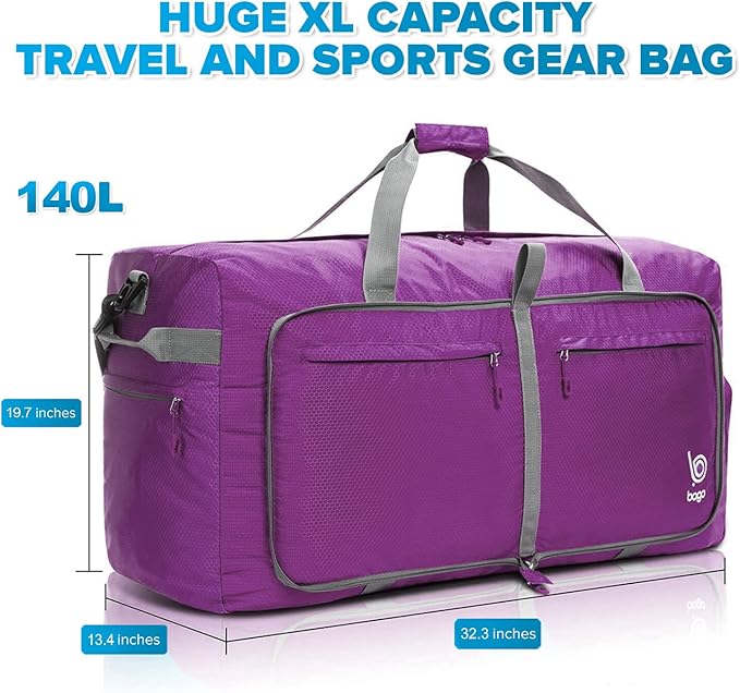 Bago Large Foldable Duffel Bags for Traveling Women & Men - 120L Packable Duffle Bag for Travel with Shoe Compartment - Water Repellant, Heavy Duty, Lightweight Folding & Collapsible (Purple)