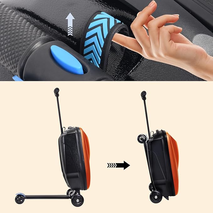 20" Scooter Suitcase for Kids, 2-in-1 Ride On Luggage with Wheels for Boys & Girls Ages 4-15, Foldable Hardshell Carry On Lightweight Travel Suitcase for Airplane (No LED, Orange)