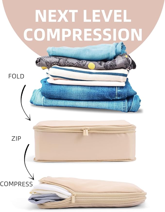 6 Set Compression Packing Cubes for Travel, Large Medium Small Luggage Organizers, Storage Bags for Clothes (6 Pack, Mist Khaki)
