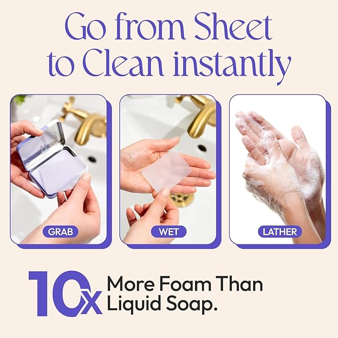 FOMIN - Antibacterial Paper Soap Sheets Tin for Traveling - (300 Sheets) Lavender - Portable Travel Hand Soap Sheet, Dissolvable Mini Camping Hand Soap for Hand Washing