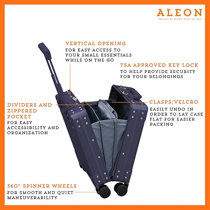 Aleon 16” Aluminum Vertical Underseat Carry-On Luggage - Luxury Business Briefcase with Wheels - Hardshell Suitcase for Airplane Travel (Sapphire)