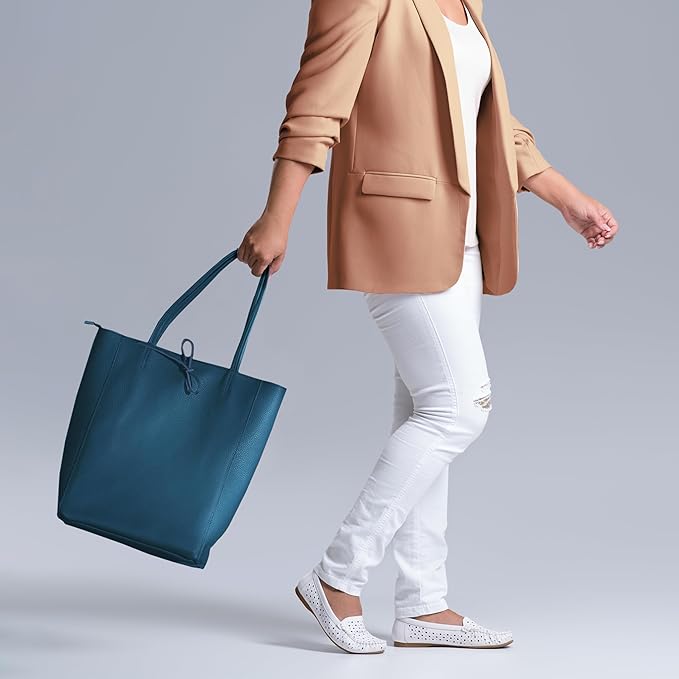 Italian Calf Leather Tote for Women with Zipper, Inner Pocket & Flat Base | Soft Unlined Shopper for Work & Travel