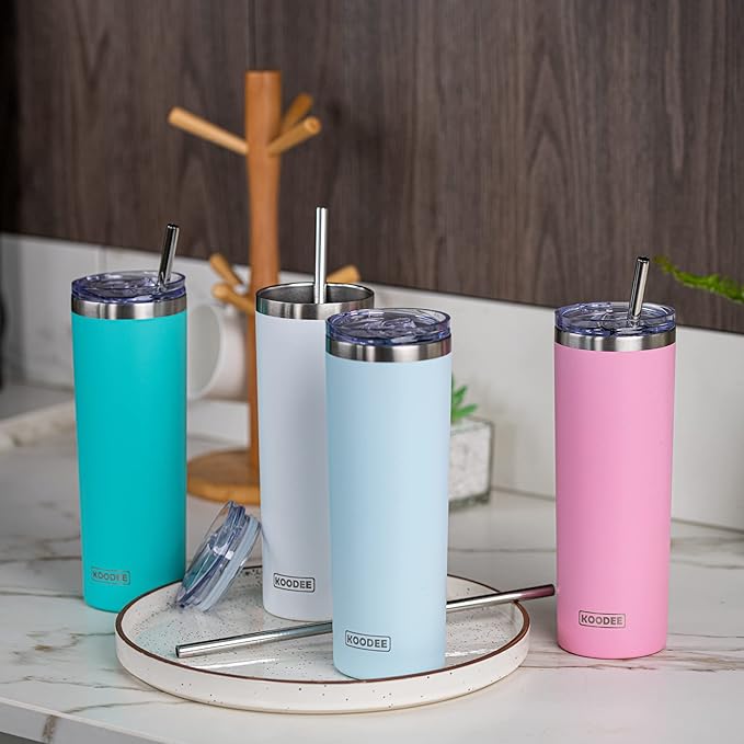 koodee 20 oz Skinny Tumbler (2 Pack) Stainless Steel Double Wall Insulated Water Tumbler Cup with Lid and Straw, Slim Travel for Women Diy Birthday Gift (Wine Red-Sky blue)