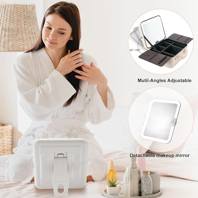 Mocado Travel Makeup Bag with LED Lighted Mirror,Makeup Case with 3 Color Lighted Setting and 10x Magnifying Mirror, Portable Storage and Adjustable Dividers (White with Hard Leather)