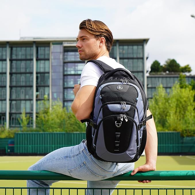 Swissdigital Design Laptop Backpack with USB Charging Port, TSA Travel Backpack Fits 15.6 inches Computer, 31L College School Backpack for Men, Haze Blue/Black | SD803