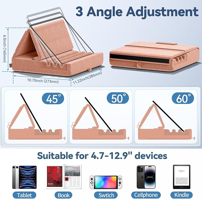 KDD Tablet Pillow Holder, Foldable iPad Stand for Lap, Bed and Desk -Tablet Soft Pad Dock with Pocket & Stylus Mount Compatible with iPad Pro 12.9, 10.5, 9.7 Air Mini 6 5 4 3, E-Reader