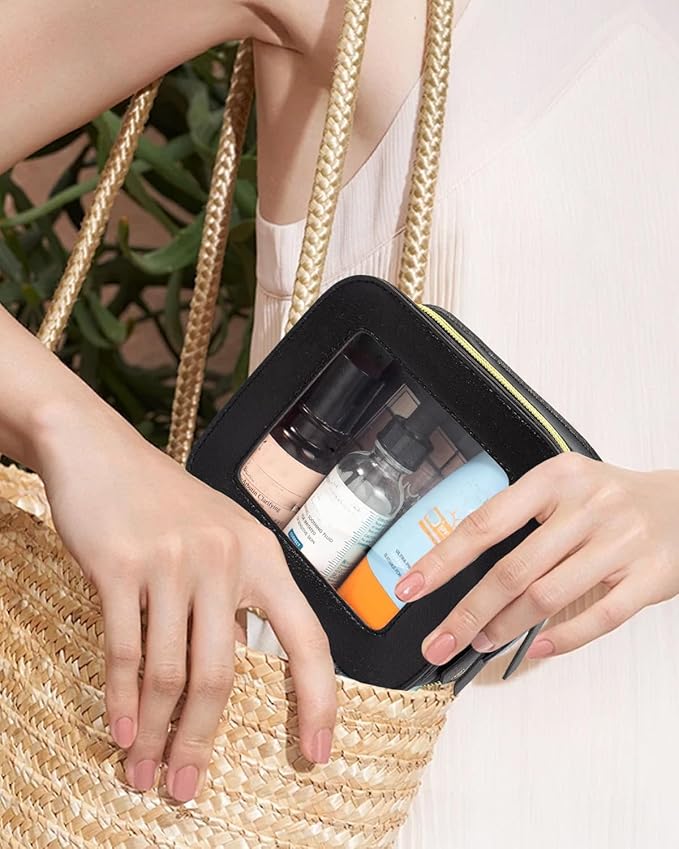 2 Pcs Clear Makup Bag Set, Clear Cosmetic Bags with Zipper Waterproof Small Travel Cosmetic Case Cute Make Up Pouch Mini Car Essentials for Women Travel Car Organizer (Black Set)