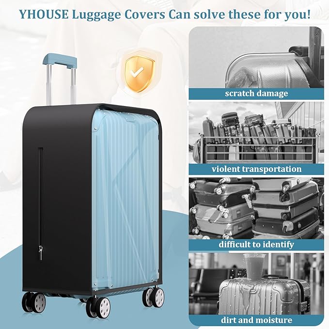 Upgraded Elastic Suitcase Covers for Luggage - Stretchable Black Cloth + Clear TPU, Fit 22 Inch Travel Suitcase, Waterproof & Anti-Scratch, Includes Free Red Luggage Tag