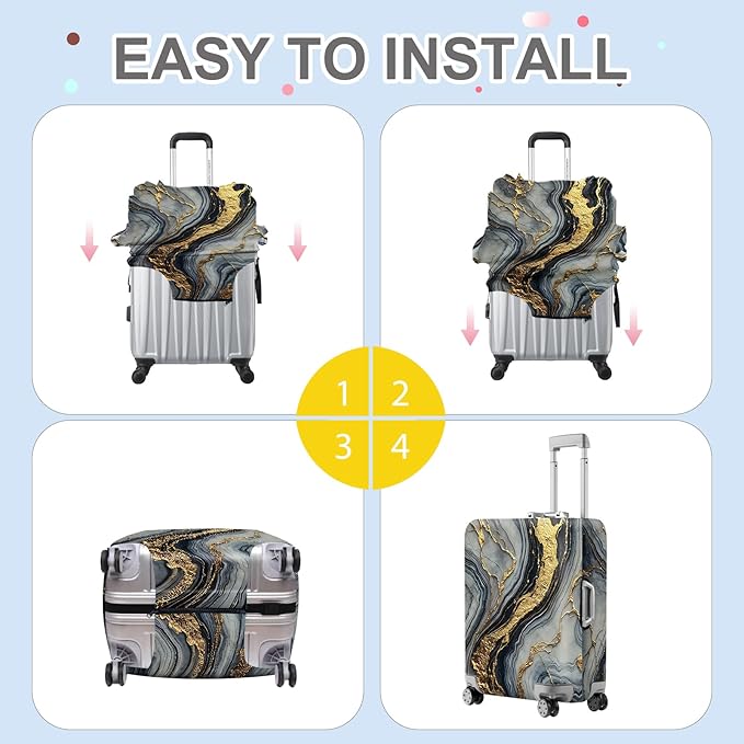 ANNA QUEEN Luxury Marble Gold Luggage Cover, Elegant Black & Grey Suitcase Protector with Faux Gold Vein Design, Stretchable, Washable Spandex Cover for 20-22 Inch Luggage