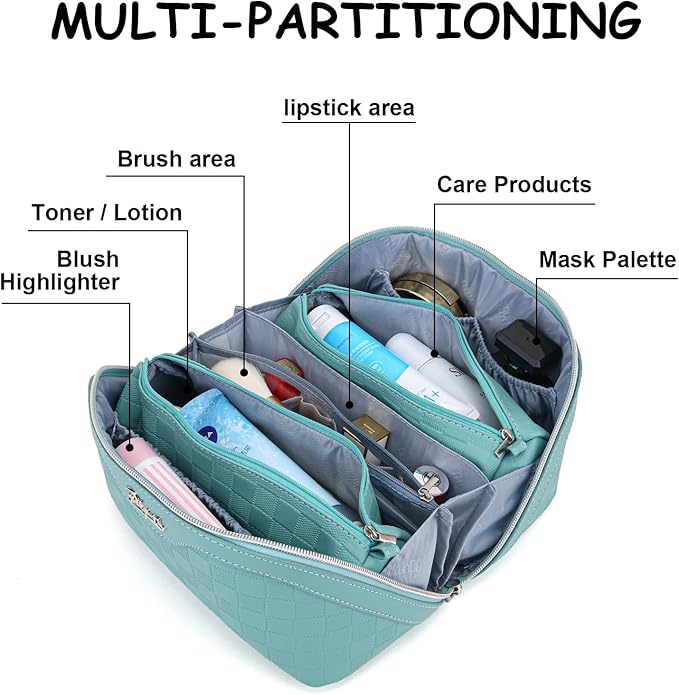 BOYATU Travel Makeup Bag Organizer Cosmetic Bag: 3 Pcs Set Make up Bags for Women with Handle - Waterproof Vegan Leather Toiletry Bags with Comparments (C-03-Blue)