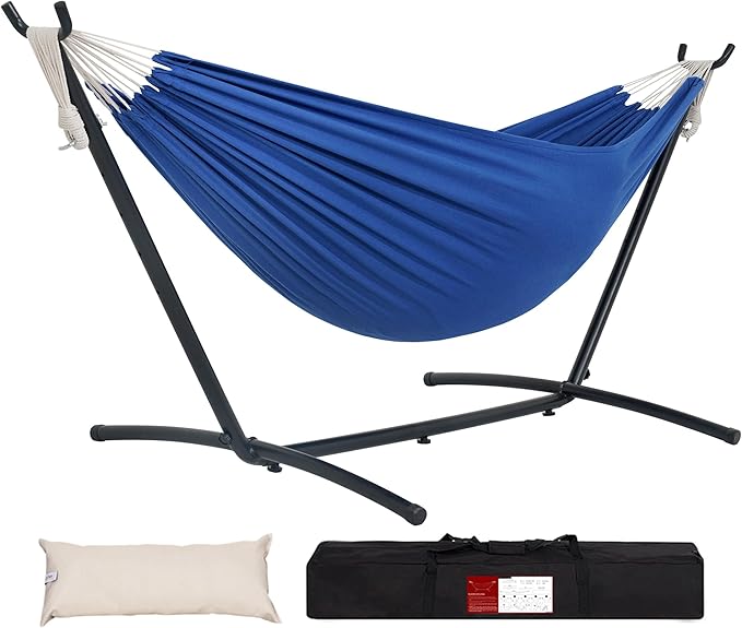 Lazy Daze Hammocks Double Hammock with 9ft Space-Saving Steel Stand Includes Portable Carrying Case, 450 Pounds Capacity (Dark Blue)