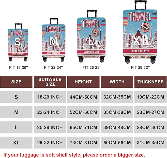 WUJIAONIAO Travel Luggage Cover Baggage Suitcase Cover Protector Skins 18-32 Inch (Tourist Attraction A28, S (for 18-20 inch luggage))