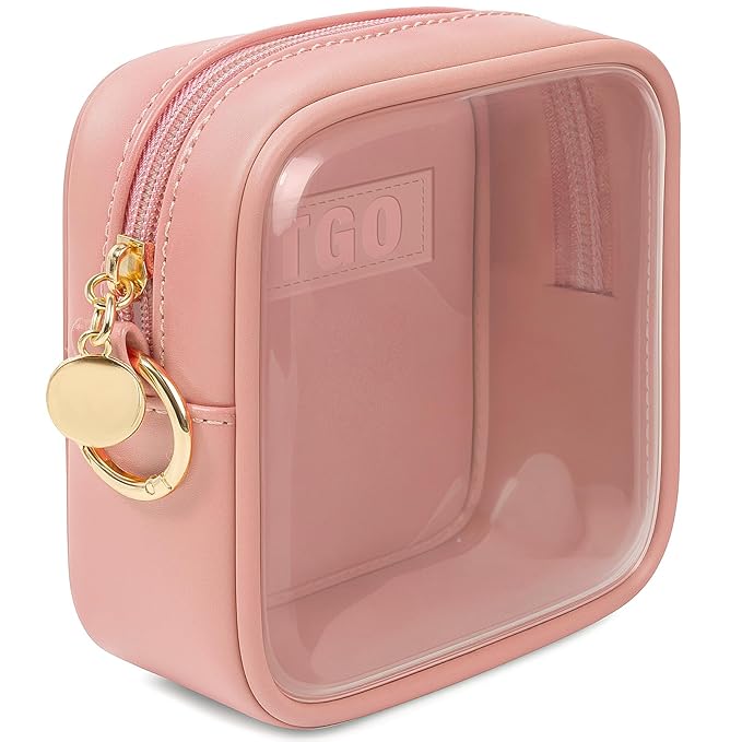 LETGO Mini Makeup Bag - Clear Toiletry Bag with Slip-in Pockets, Cute Cosmetic Essentials Pouch for Women, Pink Car Accessories for Girls(Mini Pink)