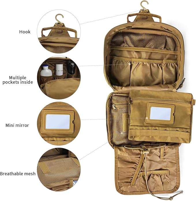 SUNRISING Toiletry Bag for Men Hanging Travel Toiletries Organizer Dopp Kit Toiletry Bags Shaving Hygiene Bag, Durable Bathroom Essentials Men's Toiletry Bag for Short Trips & Camping - Khaki