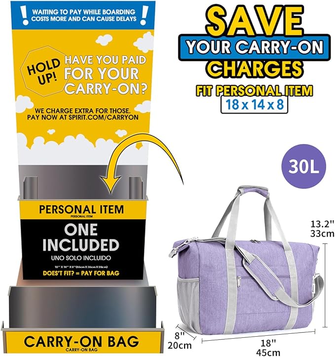 Narwey 18x14x8 Inches Travel Bag Spirit Airlines Frontier Personal Item Bag, Travel Duffel With Wet Pocket Carry on Bag for Airplane Underseat Duffle Overnight for Women and Men (Purple)