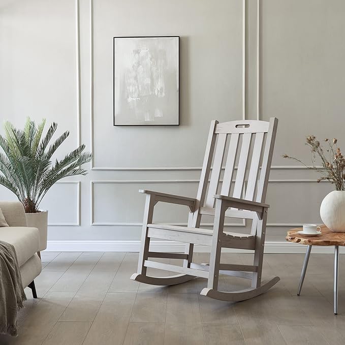Psilvam Oversized Outdoor Rocking Chair, with 21" Wide Seat and 32" Tall Backrest, Pre-Assembled with Most Components for Effortless Installation (Gray)