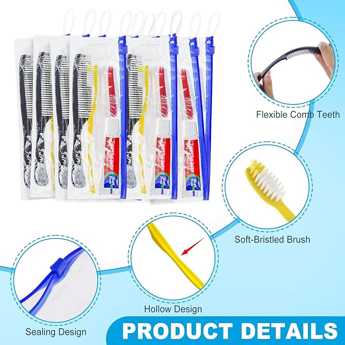 Personal Hygiene Kit Bulk Pack of 100,Yellow Disposable Toothbrushes with Toothpaste Floss Comb Cover and Hotel Vanity Set Basic Travel Toiletry Kit Supplies for Homeless,Charity,Guests