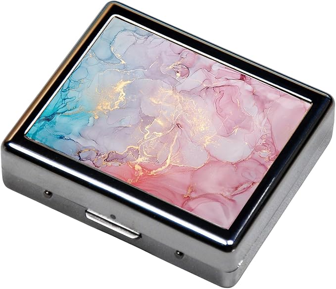 Silver Vintage Pill Box 7 Day Metal Pill Box with Mirror and 8 Compartments Cute Travel Pill Organizer for Purse (Gold Pink Marble)
