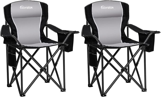 Padded Camping Chairs for Adults, Oversized Folding Outdoor Chairs, Weight Capacity 475lbs, with Cooler Bag, Cup Holder, Storage Pocket Carry Bag (Black - 2 Pack)
