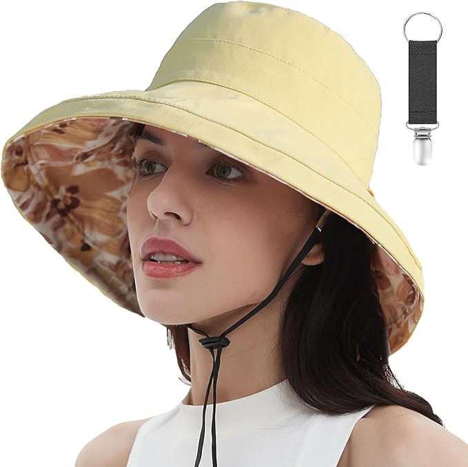 vidsel Womens Sun Hats Wide Brim Reversible Bucket Cotton Hat Packable Summer Travel Cap with Hat Clip,UV Protection