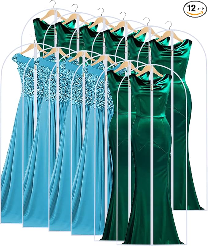 Garment Bags for Hanging Clothes 24'' x 60'' (Set of 12) Coat Covers for Closet Foldable Washable Dress Bags for Hanging Clothes for Long Dress Dance Costumes Suits Gowns Coats