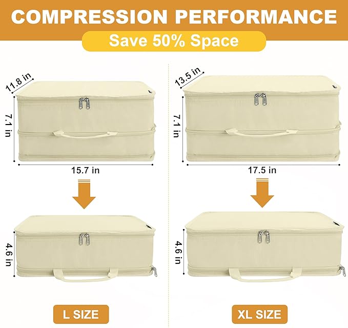 Compression Packing Cubes for Travel Essentials, 2 Pack Expandable Travel Cubes for Packing Bags Suitcase Organizer, Beige