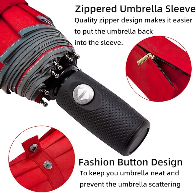 FDJASGY Windproof Travel Umbrella with Teflon Coating Auto Open Close Lightweight Sun&Rain Umbrella with 10 Rib Construction and Reflective Stripe Zipper Pouch