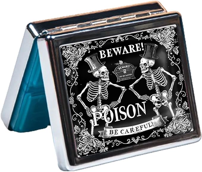 Cute and Portable Metal Pill Organizer – 8 Compartments, Elegant Chrome Finish, Ideal for Travel and Daily Use (Beware Poison Skeletons)