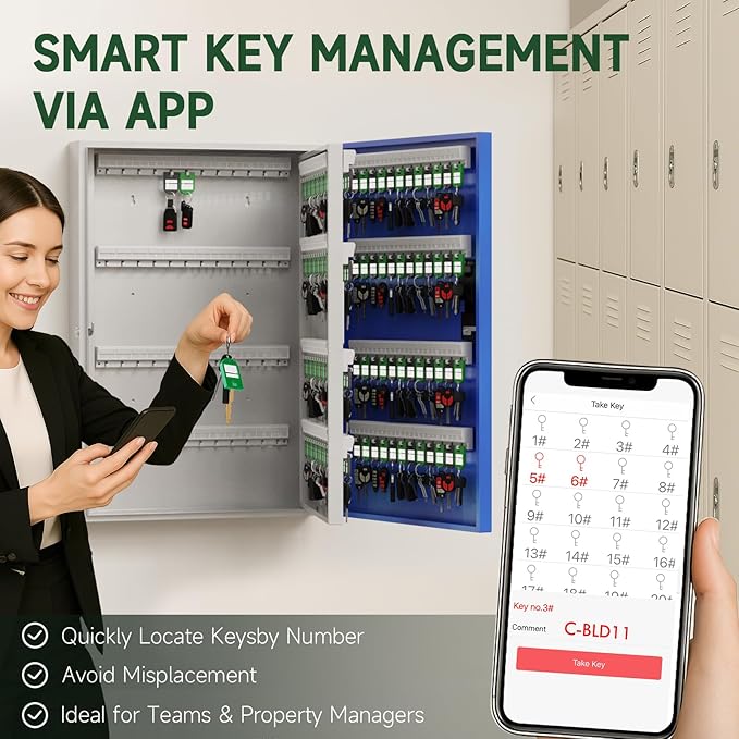 WeHere 192 Key Lock Box Wall Mount, APP Bluetooth/Wi-Fi, OTP/Fixed Code, Smart Key Cabinet with Tag, Key Organizer Holder box for Office, Valet, Realtor, Hotel Key Management