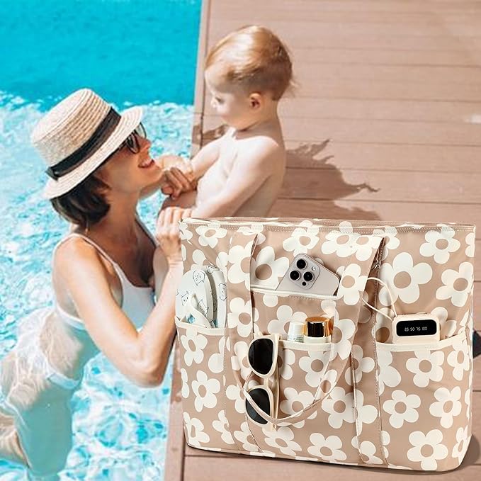 LEDAOU Beach Bags for Women, Beach Bags Waterproof Sandproof, Packable Beach Tote Bag with Zipper Travel Sports