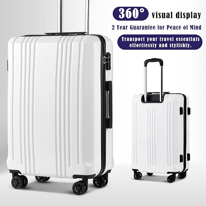 Coolife Luggage Suitcase PC+ABS with TSA Lock Spinner Carry on Hardshell Lightweight 20in 24in 28in(white, M(24IN))