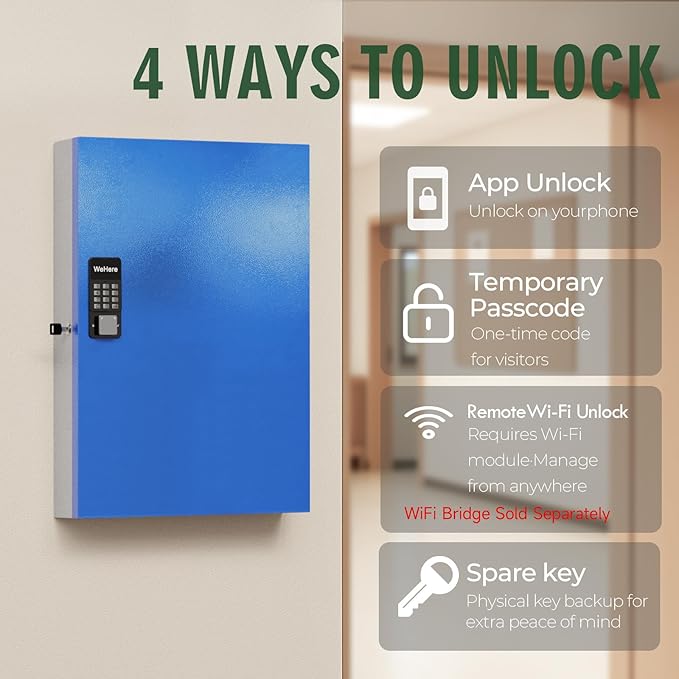 WeHere 192 Key Lock Box Wall Mount, APP Bluetooth/Wi-Fi, OTP/Fixed Code, Smart Key Cabinet with Tag, Key Organizer Holder box for Office, Valet, Realtor, Hotel Key Management
