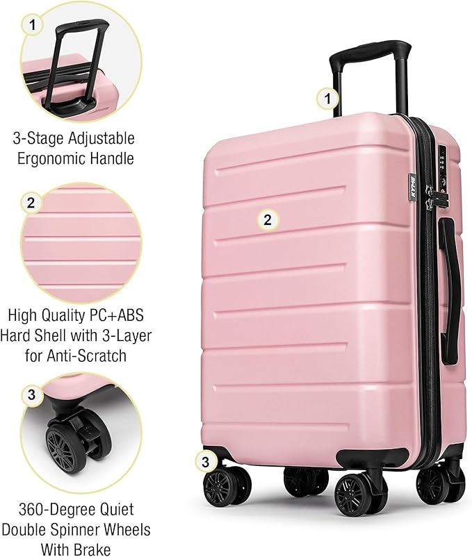 KYME Luggage Sets 2 Piece Hardshell 22"/26" Suitcase with Spinner Wheels Hardside Suitcases Sets with TSA Lock Lightweight Travel Luggage Set with Cup Holder for Women Pink