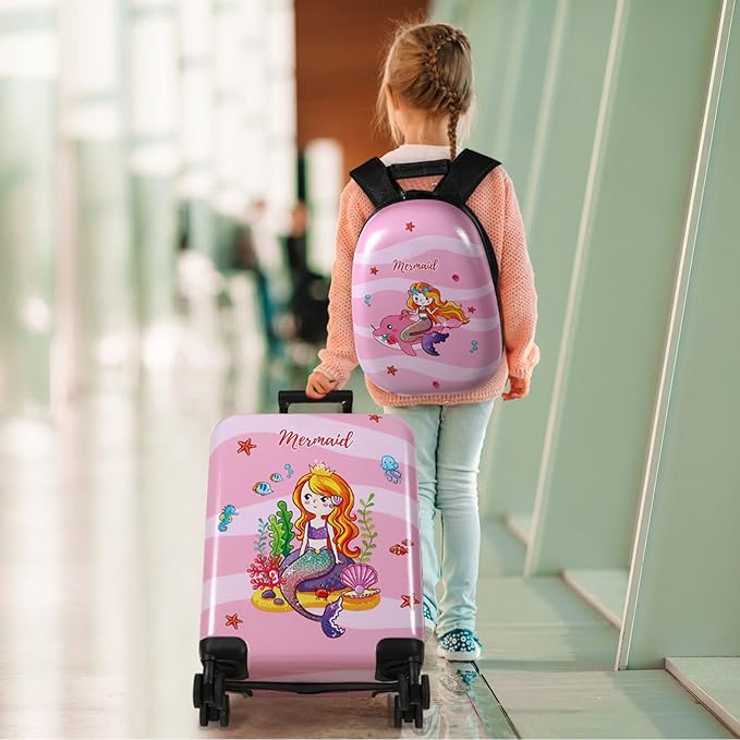 Weewooday Kids Luggage and Backpack 18" Suitcase with Spinner Wheel Hard Case Travel 13" Backpack Girl Suitcase Set for Kids Travel Supplies(Pink,Mermaid Style)