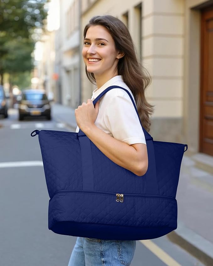 HOTOR Travel Duffel Bag - Weekender Bags for Women, Carry On Overnight Bag with Shoe Compartment, with Toiletry Bag for Travel Essentials and Travel Accessories, Dark Blue, 13.4"×17.3"×7.9"