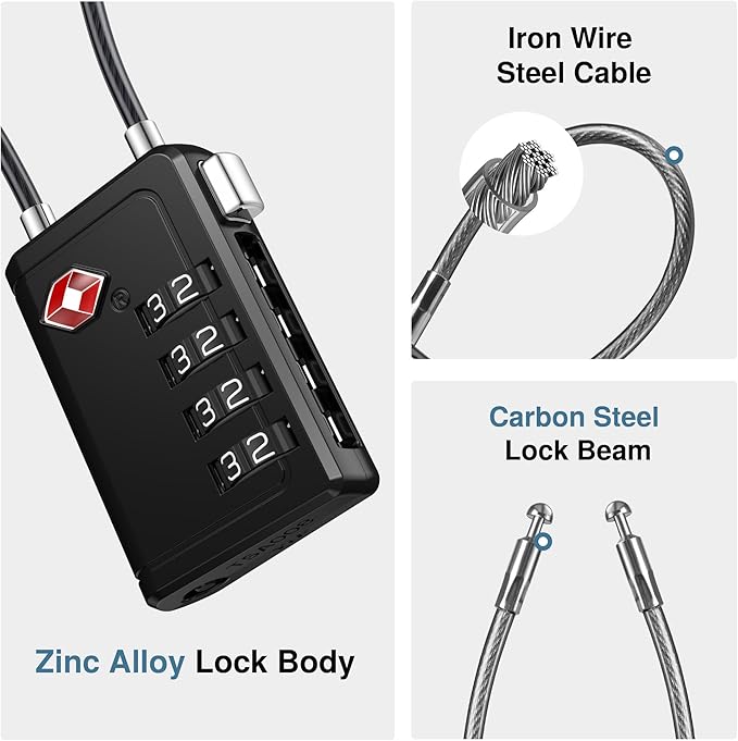 Puroma TSA Approved Luggage Travel Locks with Open Alert Indicator, 4 Digit Combination Resettable Code Zinc Alloy Lock for Suitcase, Backpack, Bag, Toolbox, Locker (4 Pack, Black)