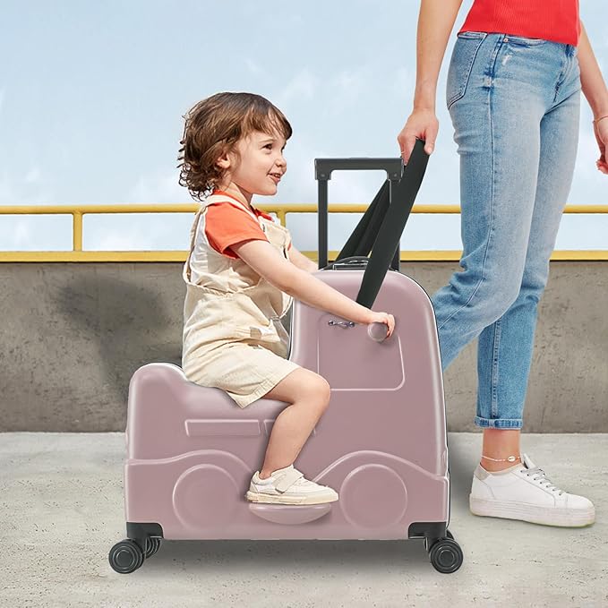 22 Inch Ride on Suitcase for Kids, Travel Luggage with Spinner Wheels for Child Travelling Stroller with Combination Lock/Safety Belt/Telescoping Handle (Pink)