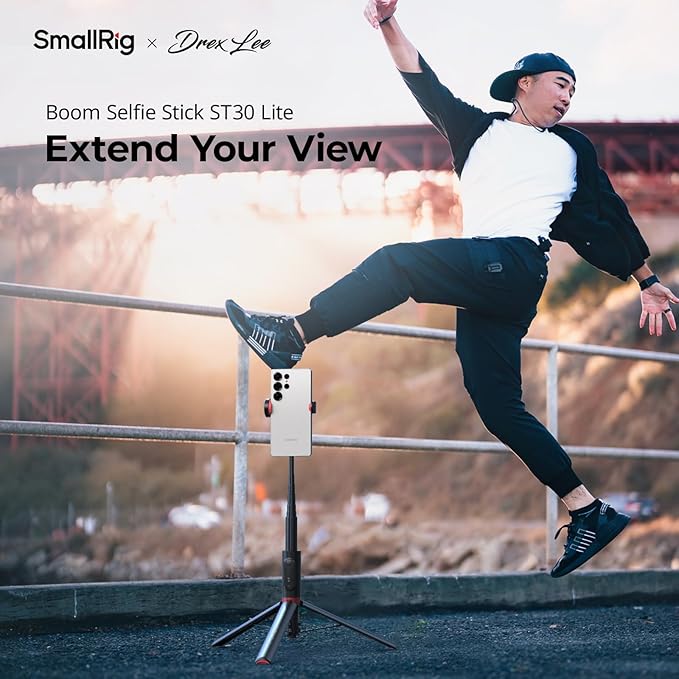 SmallRig x Drex Lee Boom Selfie Stick ST30 Lite, 57.9" Automatic Tripod Stand with Remote and Cold Shoe Mount, for iPhone, for Android, Video Recording, Travel, Vlogging, Black 5292