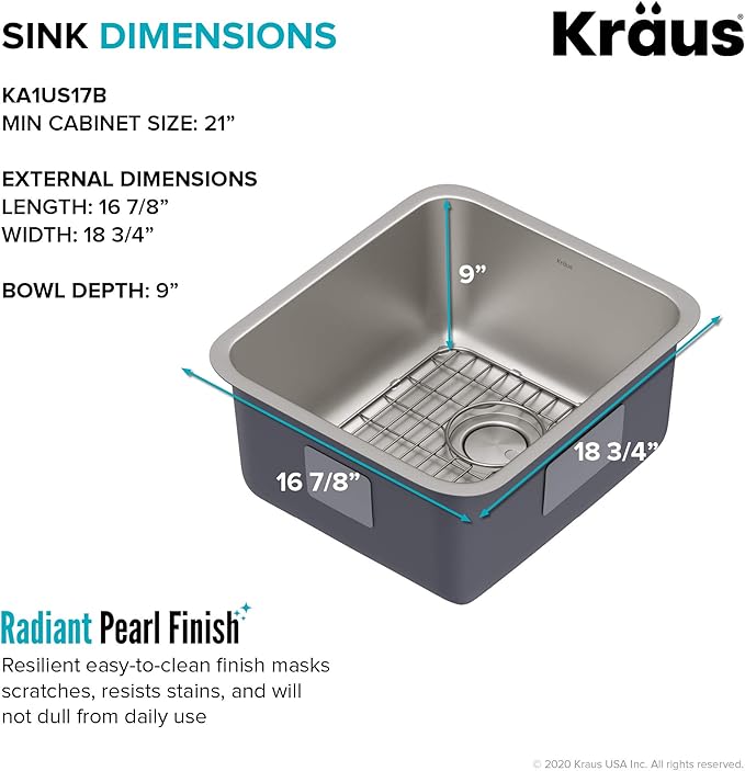 KRAUS Dex 17-inch Undermount 16 Gauge Stainless Steel Single Bowl Kitchen Sink, KA1US17B
