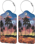2Pcs Summer Palm Tree Luggage Tags, Beach Landscape Name ID Identifier Labels for Suitcase Baggage Travel Bag, Aesthetic Leather Bag Tags with Loop