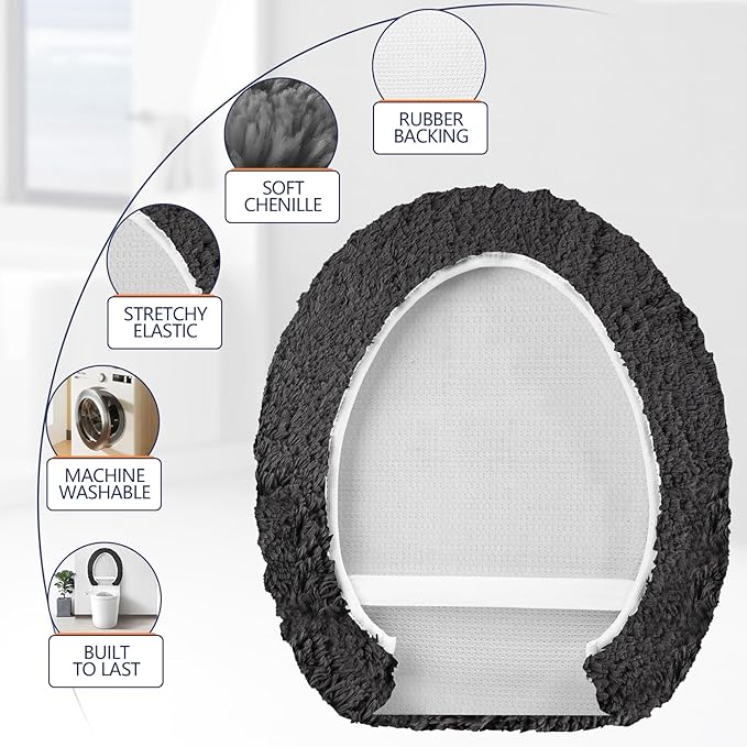 Microfiber Elongated Toilet Seat Cover 19.5"x 15" Machine Washable Solid Toilet Lid Cover Adjustable Rubber Backing Fits Most 18-19.5" L x 14-16" W Elongated Toilet Seat