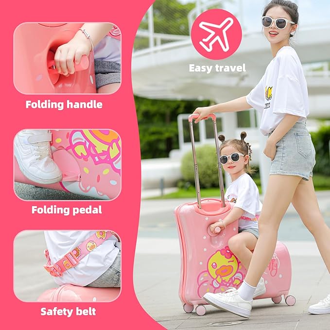 Kids' Lightweight Ride on Luggage with Spinner Wheels & Foldabe Design (Pink Donut, 24"+ Aged 3-12 Toddler),Children Holiday Birthday Gift