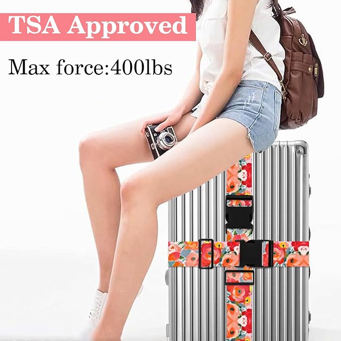 Rose Luggage Straps for Suitcases TSA Approved, Luggage Identifiers for Suitcase, Adjustable Suitcase Strap for Baggage Security with Cute Patten, Travel Necessary Accessories