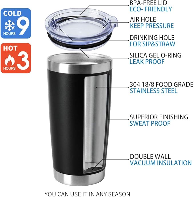 HASLE OUTFITTERS 20oz Tumblers Bulk Stainless Steel Cups with Lid Double Wall Vacuum Insulated Coffee Mugs for Cold & Hot Drinks 1 Pack, Black