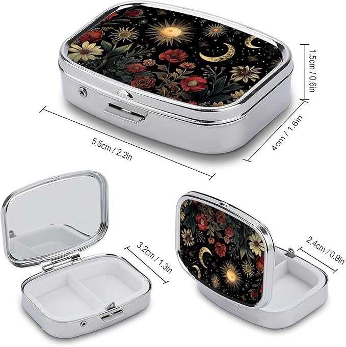Metal 2 Compartment Pill Organizer Travel Friendly Portable Compact Pill Box Cute Pill Case,for Pocket Wallets Daily Portable Medicine Vitamin Tablet Storage (The Dark Night)