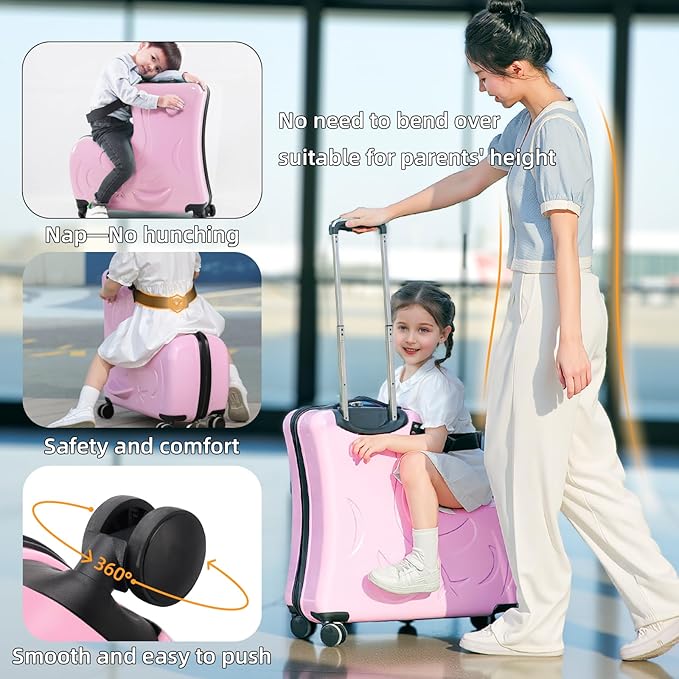 Hardside Ride on Kids Luggage with 4 Spinner Wheels for Girls and Boys,Rolling Childrens Travel Suitcase with Seat and Safety Belt for Toddler Ages 2-6,Verify Carry-on policy 21 Inch Pink