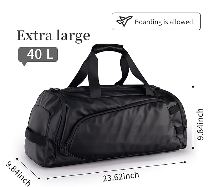 Duffle Bag for Travel, Carry on Gym Bag for Men, Waterproof Sport Bags with Shoe Compartment, 40L Lightweight Weekender Bag for Camping, Hiking, Trips - Black (Basic)